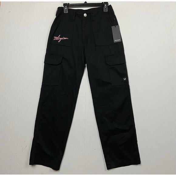 True Religion Women's Jet Black Embroidered Logo Cargo Pants Size 27 MSRP $139 - Picture 5 of 16